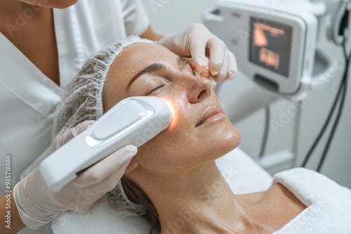 A professional aesthetician performs a facial treatment on a client using a laser device in a clinical environment, reflecting modern beauty care and advanced technology. photo