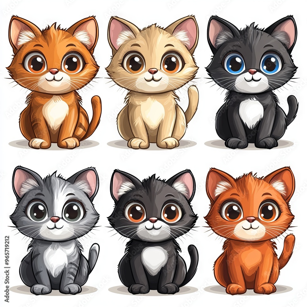 Set of cute cartoon cat characters in different colors and poses Set of cute cartoon cat characters in different colors and poses