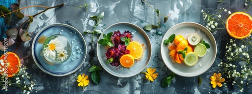 Creative fruit plates with flowers and citrus on textured background photo