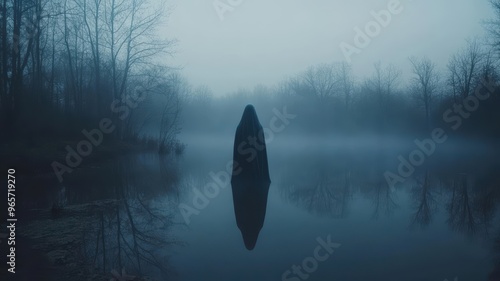 Ghostly figure floating above a foggy pond in eerie silence. photo