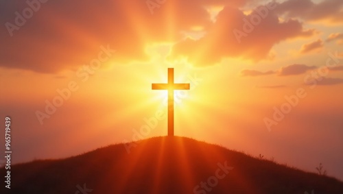 Radiant golden cross on hilltop at sunset glowing in divine light