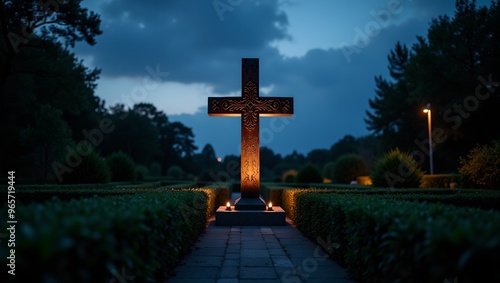 Ebony cross in twilight garden with dramatic sky backdrop illuminated by single spotlight