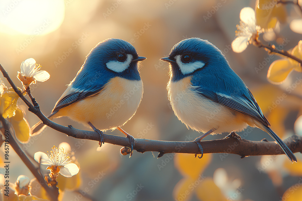 Two vibrant bluebirds perched on a branch amidst soft blossoms and warm sunlight. Two vibrant bluebirds perched on a branch amidst soft blossoms and warm sunlight.