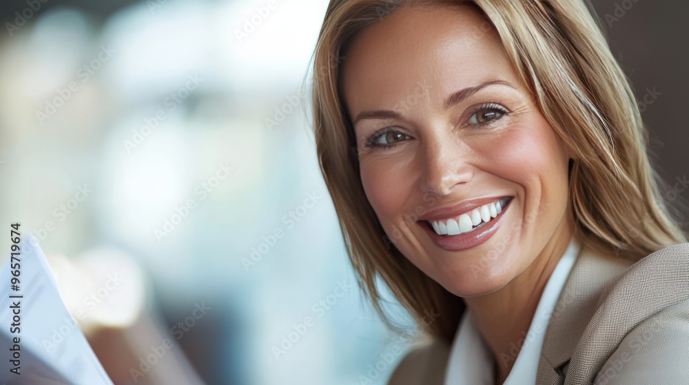 Fototapeta premium A smiling woman in professional attire holds documents, radiating positivity and confidence in a bright office setting.