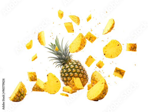 Falling Pineapple slices isolated on Transparent background, full depth of field, lipping path,pineapple in full depth of field, Falling candied fruit, Cut pineapple on transparent background, ring,Ai photo