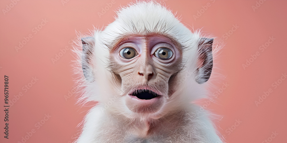Startled Baby Monkey with Wide Eyes on Pink Background Startled Baby Monkey with Wide Eyes on Pink Background