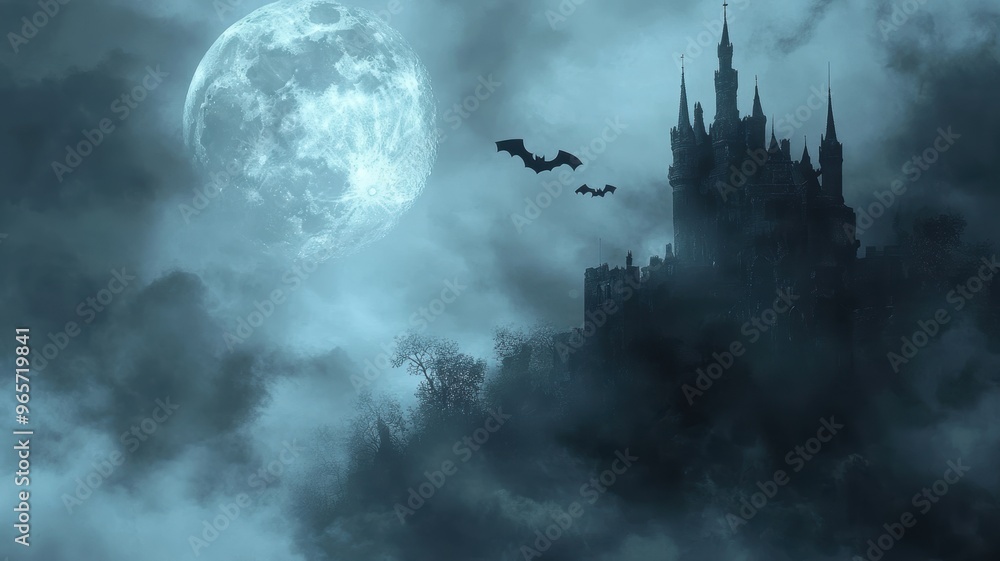 Haunted castle with bats flying around under a full moon. Haunted castle with bats flying around under a full moon.