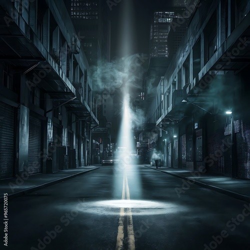 Dramatic background of night street, spotlight on asphalt, smoke