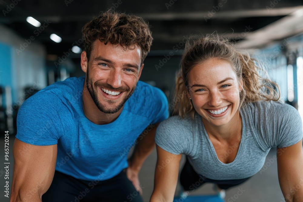 Fototapeta premium A health-conscious couple, smiling and enjoying their workout at a modern gym, highlights their shared journey towards fitness, health, and the joy of being together.