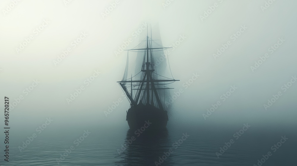 Haunted ship sailing through a foggy sea, eerie and mysterious Haunted ship sailing through a foggy sea, eerie and mysterious