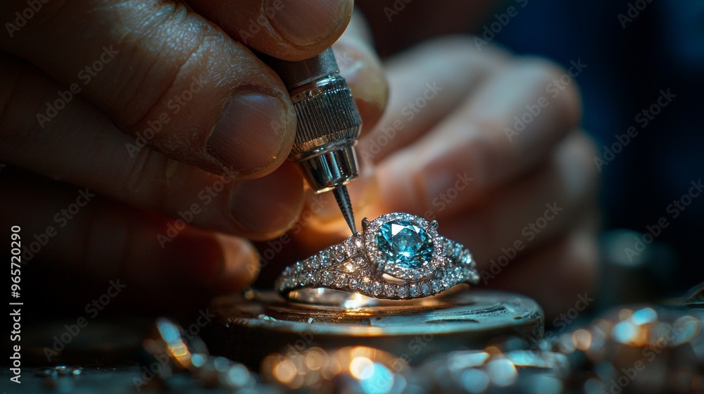 Close-up of jeweler working on a diamond ring with precision tools Close-up of jeweler working on a diamond ring with precision tools