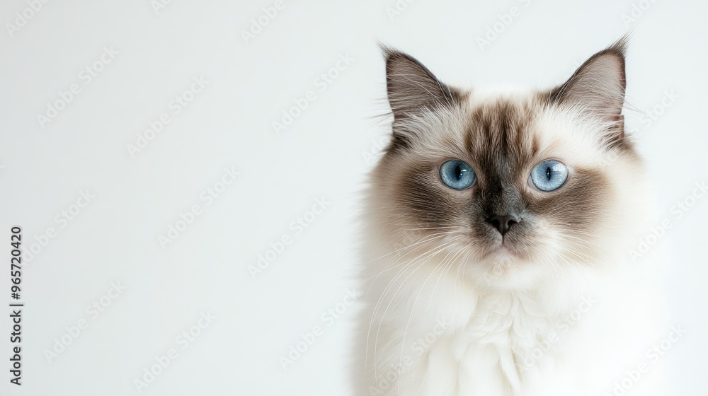 A close-up of a fluffy cat with striking blue eyes against a white background. A close-up of a fluffy cat with striking blue eyes against a white background.