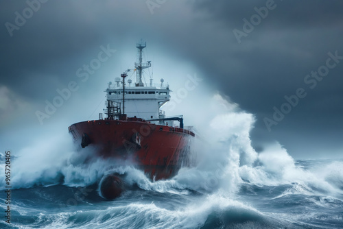 Large oil tanker is sailing on a stormy sea with big waves crashing against its hull