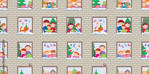 Seamless pattern of cheerful cartoon happy people celebrating Christmas in windows apartment house with christmas trees, gifts, pets, vector illustration, backgound, wallpaper, paper