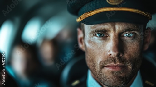 Close-up portrait of an airline captain in uniform, with a confident expression, standing inside an aircraft with passengers in the blurred background.