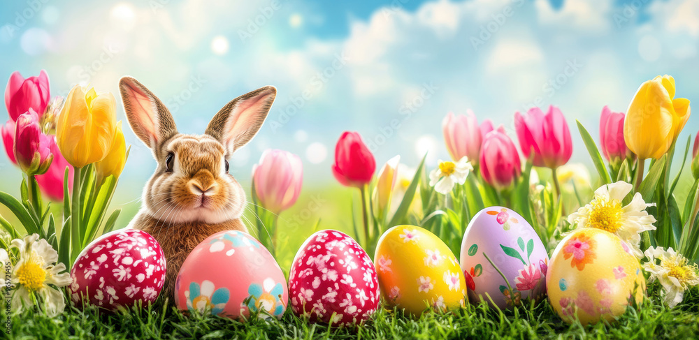 Easter bunny with colorful eggs and tulips in garden Easter bunny with colorful eggs and tulips in garden