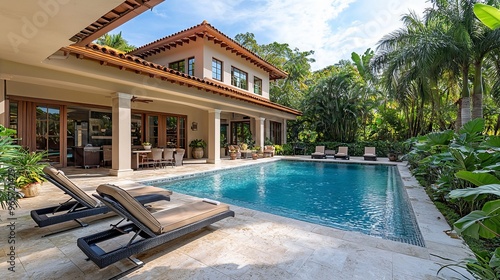 Luxury villa with pool and lounge chairs surrounded by tropical garden