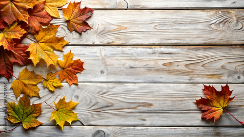 Colorful maple autumn leaves on white wooden background, top view, flat lay.
