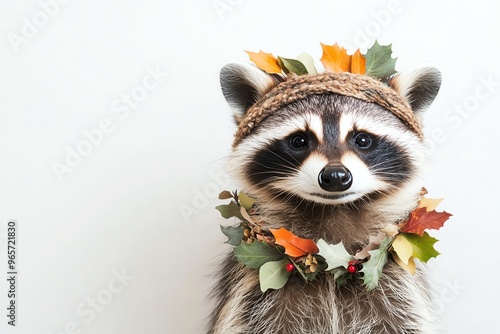 A charming raccoon adorned with autumn leaves and a headband, showcasing a playful and whimsical spirit for seasonal themes. photo