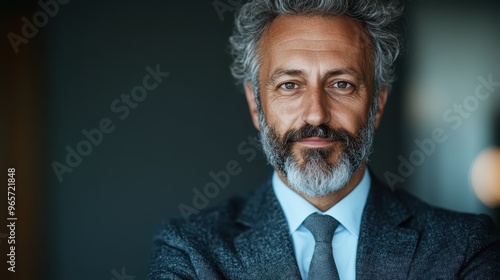 A confident, mature man with a gray beard and serious expression, wearing a business suit, set against a dark blurred background, presenting a professional and authoritative image.