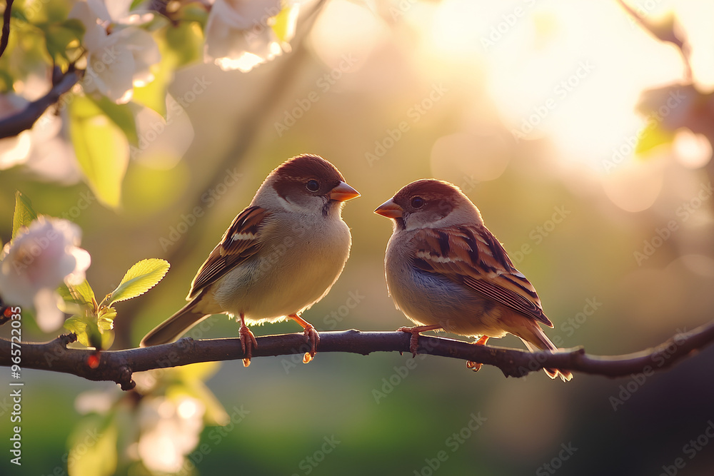 Two sparrows perched on a branch amidst soft blossoms in warm sunlight. Two sparrows perched on a branch amidst soft blossoms in warm sunlight.