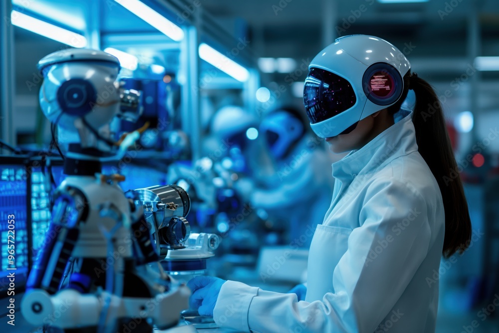 Scientist wearing a vr headset working in a high tech laboratory with humanoid robots assisting her Scientist wearing a vr headset working in a high tech laboratory with humanoid robots assisting her