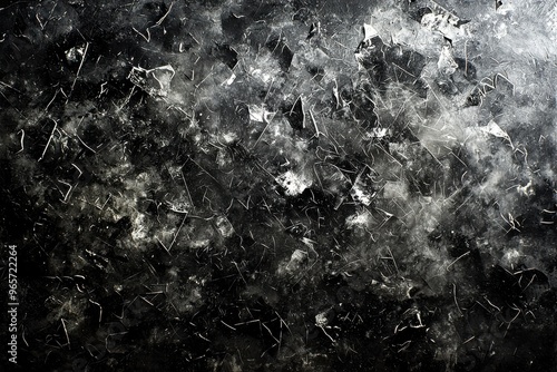 Shattered glass texture with broken shards and fragments in black and white
