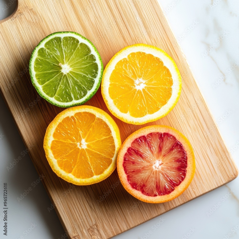 Vibrant citrus slices on a wooden board, showcasing the freshness and variety of oranges and limes for culinary delights. Vibrant citrus slices on a wooden board, showcasing the freshness and variety of oranges and limes for culinary delights.