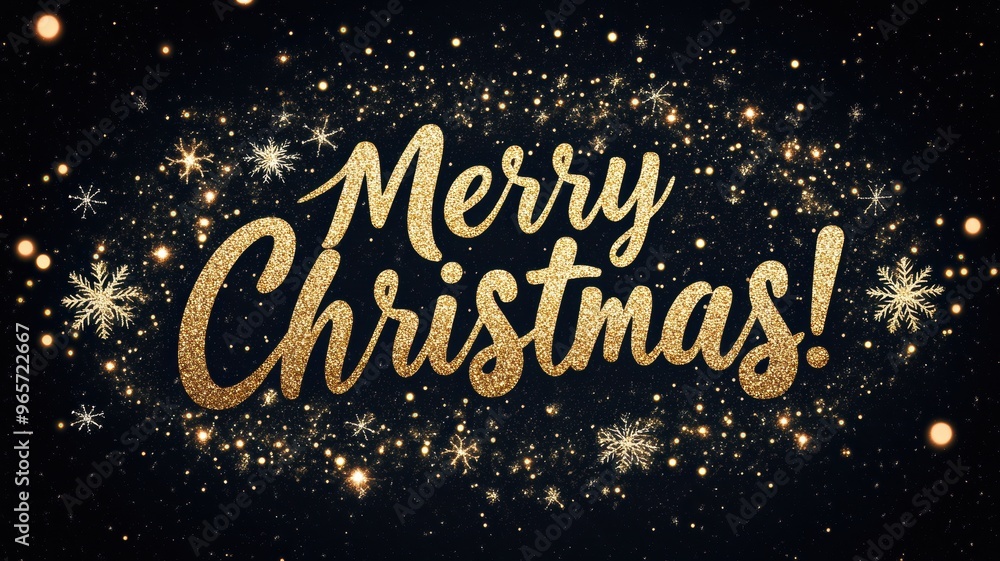 Glittery gold Merry Christmas text on black Glittery gold Merry Christmas text on black