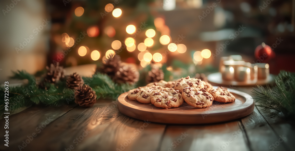 Freshly baked chocolate chip cookies laid out on a rustic wooden table next to a coffee cup and festive decorations, exuding warmth and holiday spirit. Freshly baked chocolate chip cookies laid out on a rustic wooden table next to a coffee cup and festive decorations, exuding warmth and holiday spirit.