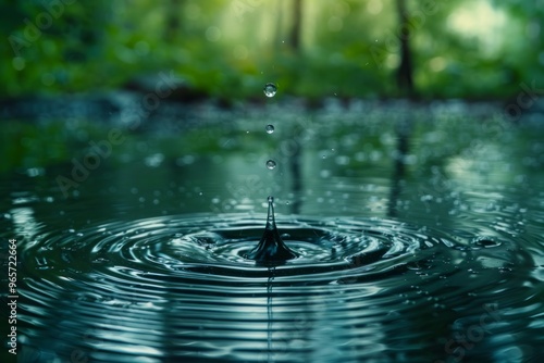 Raindrops create ripples on a tranquil forest pond in a serene green landscape during a peaceful rain shower