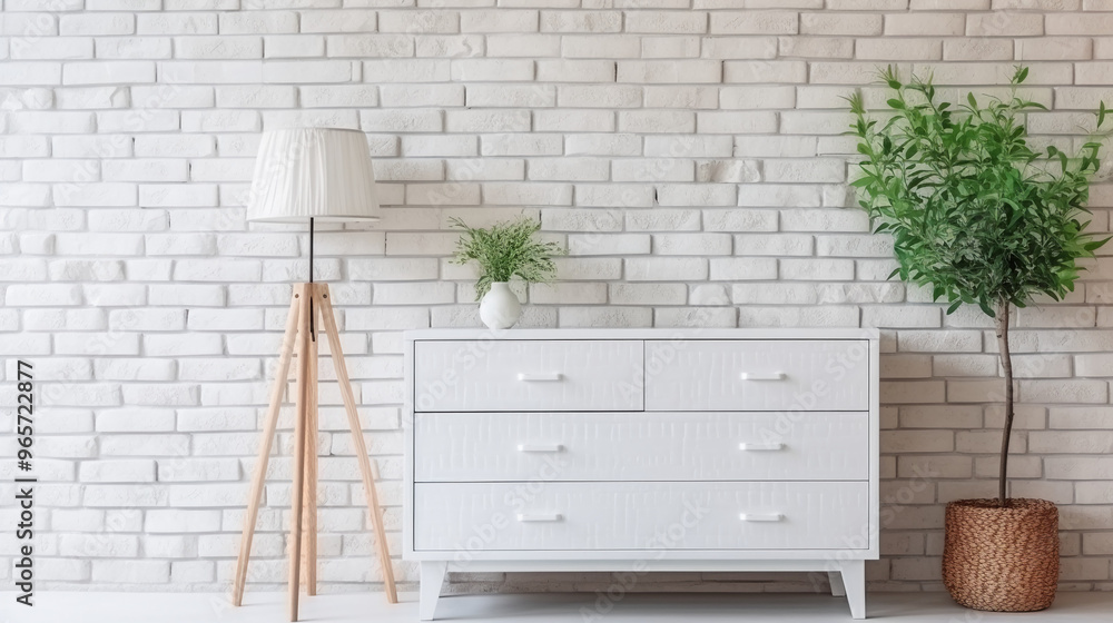 white dresser, lamp, and plants in woven pots white dresser, lamp, and plants in woven pots