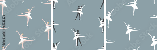 Seamless patterns of silhouettes graceful classical professional ballet dancers, vector backgrounds, wallpaper, paper