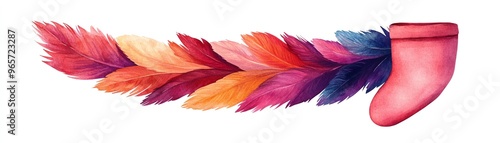 A vibrant, colorful feather blends seamlessly into a whimsical pink sock, creating a playful and artistic image. photo