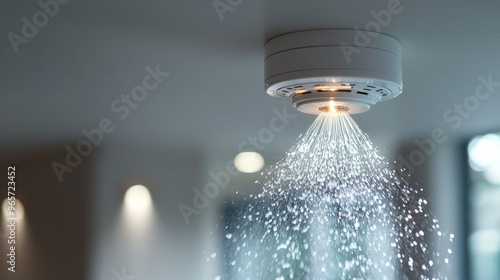 Fire sprinkler system activating in a room with water spraying down photo