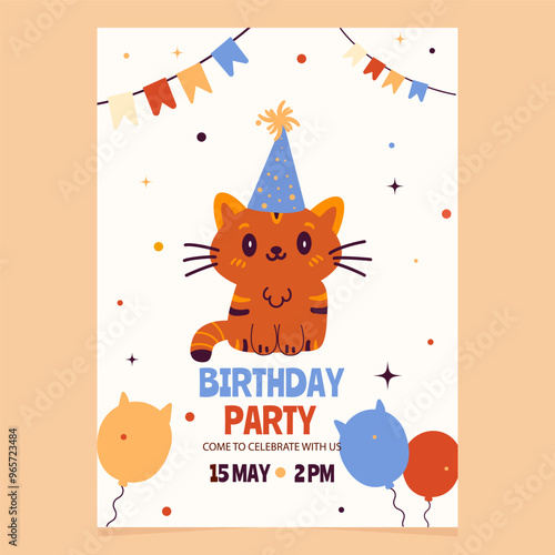 Birthday party invitation with doodle rude cat character