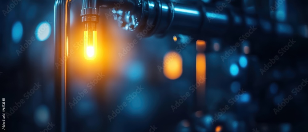 Close-up of illuminated pipes with a warm glow, creating a modern industrial ambiance in low light. Close-up of illuminated pipes with a warm glow, creating a modern industrial ambiance in low light.