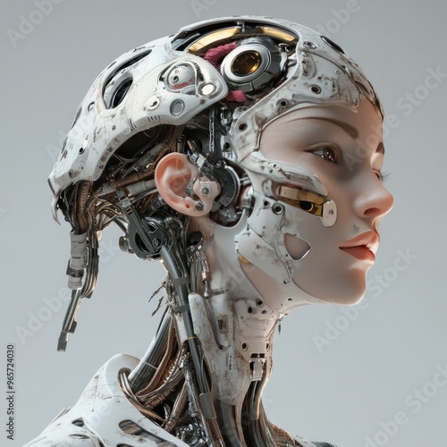 A cyborg woman with exposed wiring and mechanical parts on her head and neck.