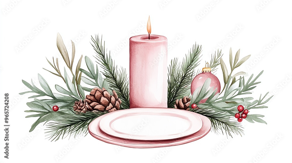Charming pink candle surrounded by pine branches, cones, and a festive ornament, perfect for winter celebrations and holidays. Charming pink candle surrounded by pine branches, cones, and a festive ornament, perfect for winter celebrations and holidays.
