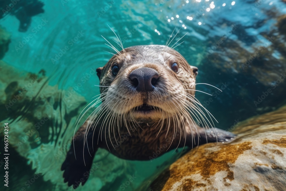 Fototapeta premium Otter looking up at camera wildlife animal mammal.