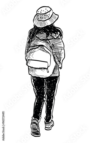 Sketch of casual teen girl in hat with backpack walking outdoors, rear view, realistic hand drawn vector illustration isolated on white