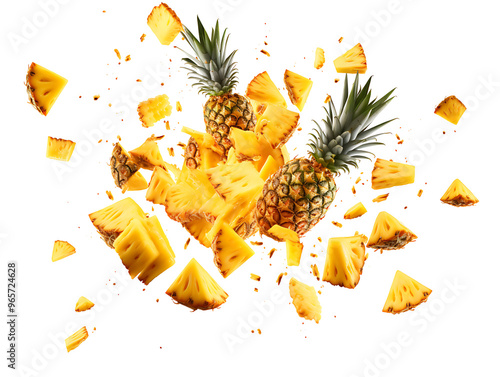 Falling Pineapple slices isolated on Transparent background, full depth of field, lipping path,pineapple in full depth of field, Falling candied fruit, Cut pineapple on transparent background, ring,Ai
