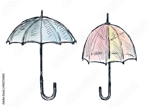 Sketches of two various opened umbrellas, vector hand drawing isolated on white