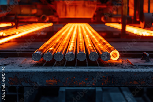 Aluminum extrusion factory producing rods, showcasing the industry with glowing metal, intense heat, and machinery