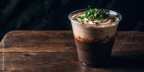 Unusual scallion-infused latte in plastic cup on wooden table for unique culinary experience