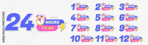 Urgency countdown timer number of day left. Last offer labels with alarm clock for big sales, promotions. Sticker limited days to go isolated on transparent background. Vector set numbers from 1 to 12