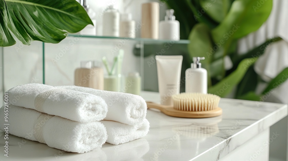 Luxury bathroom setup with white towels and natural skincare products on marble counter Luxury bathroom setup with white towels and natural skincare products on marble counter