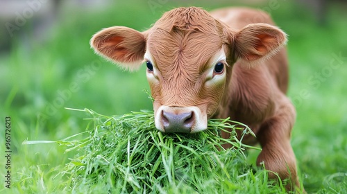 Cute calf enjoying a meal of fresh grass