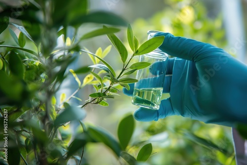 Scientist wearing blue gloves is holding a beaker with liquid analyzing a green plant for sustainable development photo