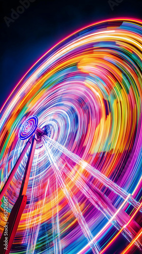 vibrant long exposure of spinning Ferris wheel at night showcasing colorful motion and swirling lights creating dynamic and energetic carnival atmosphere